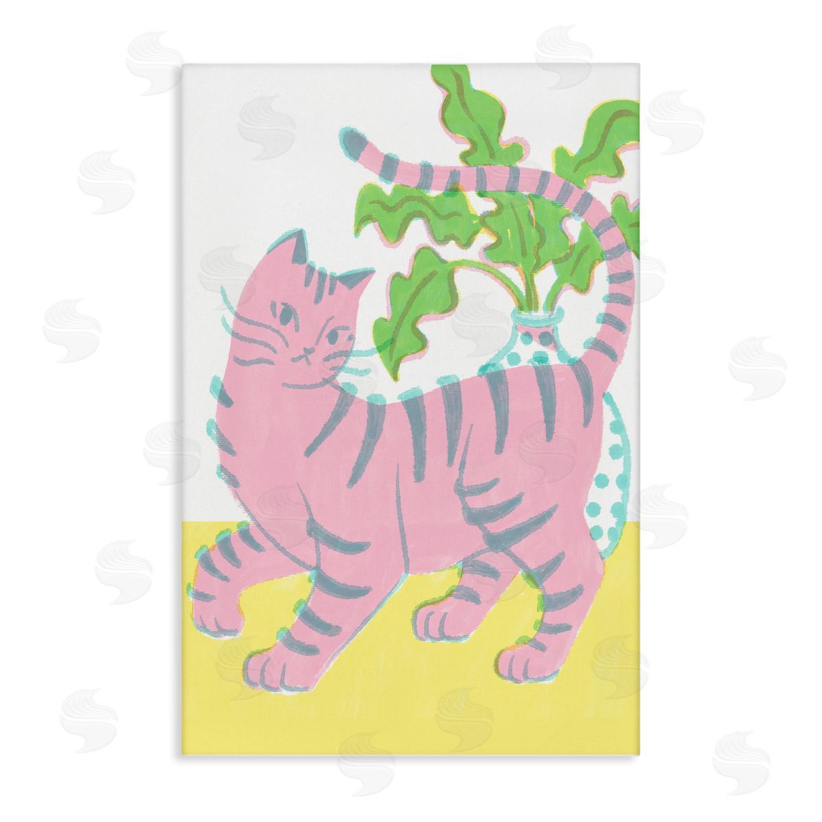 Pink Cat & House Plant Canvas Wall Art, Home Decor by Hannah Moren