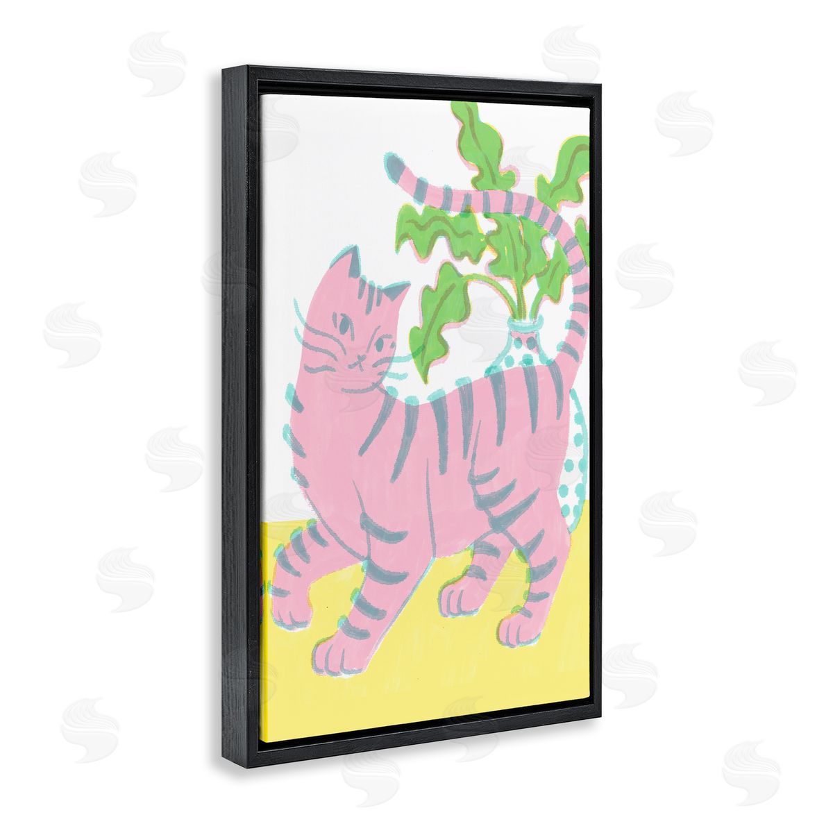 Pink Cat & House Plant Black Floating Frame Canvas Wall Art, Home Decor by Hannah Moren