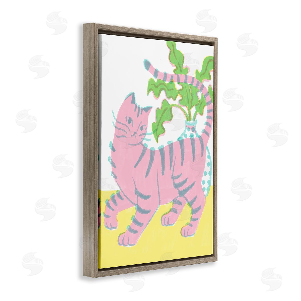 Pink Cat & House Plant Brown Floating Frame Canvas Wall Art, Home Decor by Hannah Moren
