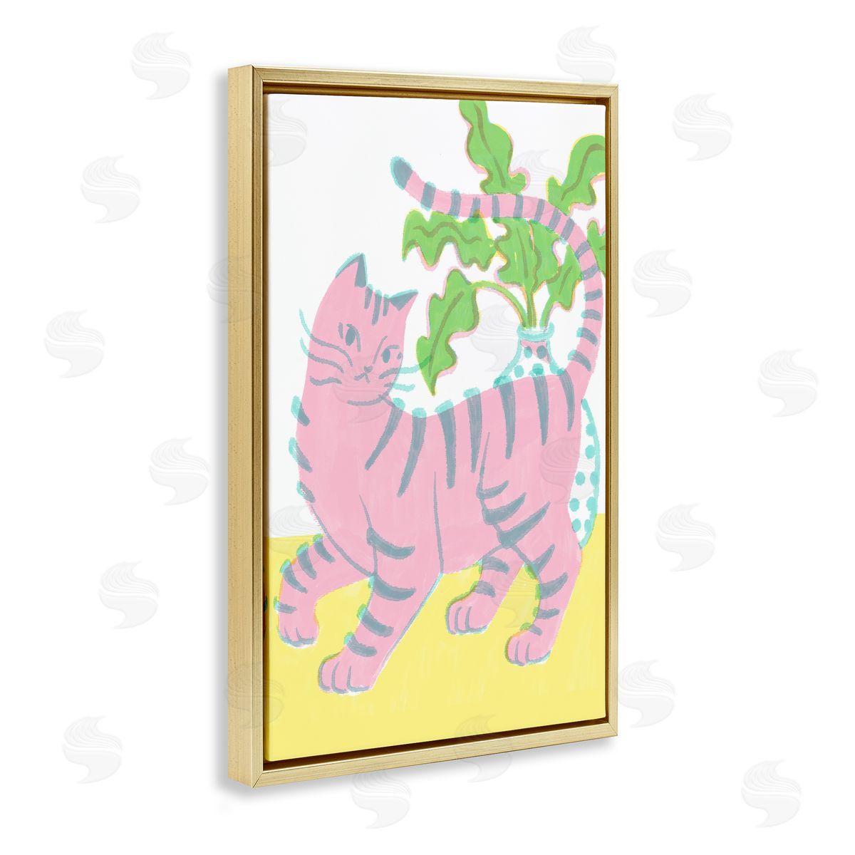 Pink Cat & House Plant Gold Floating Frame Canvas Wall Art, Home Decor by Hannah Moren