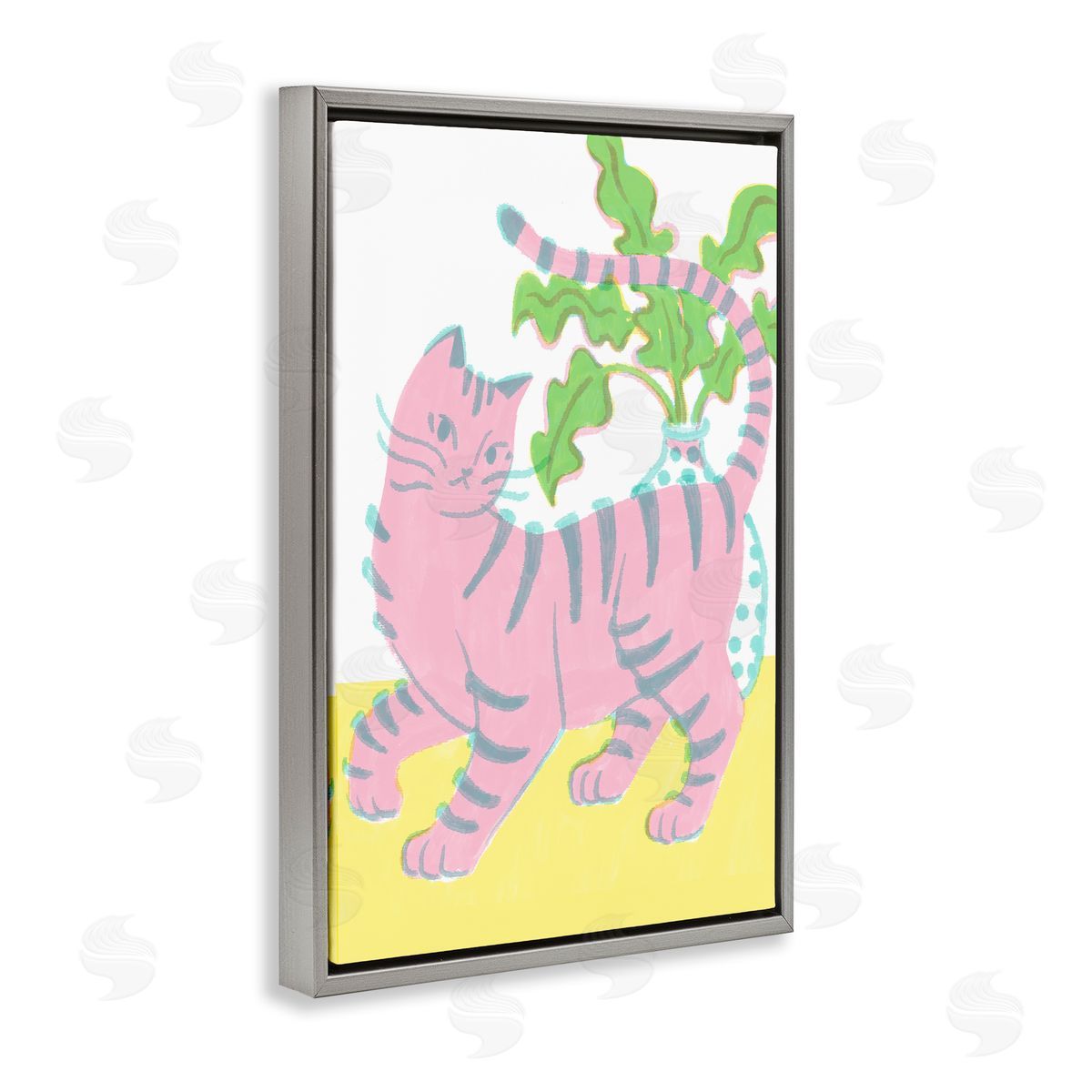 Pink Cat & House Plant Grey Floating Frame Canvas Wall Art, Home Decor by Hannah Moren