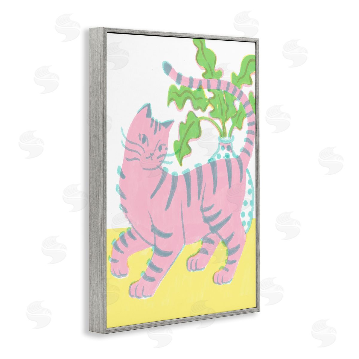 Pink Cat & House Plant Grey Frame Print Wall Art, Home Decor by Hannah Moren