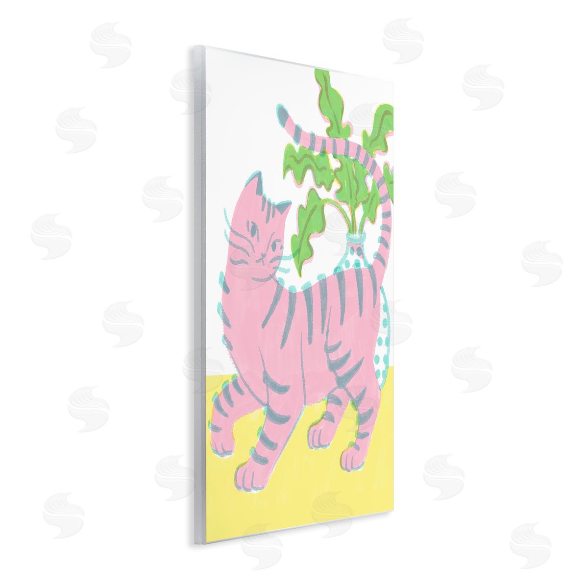 Pink Cat & House Plant Wood Plaque Wall Art, Home Decor by Hannah Moren