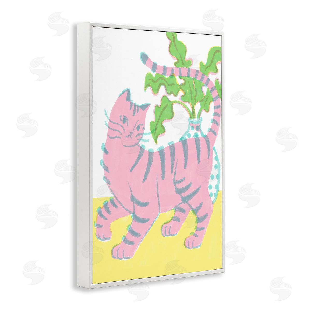 Pink Cat & House Plant White Frame Print Wall Art, Home Decor by Hannah Moren