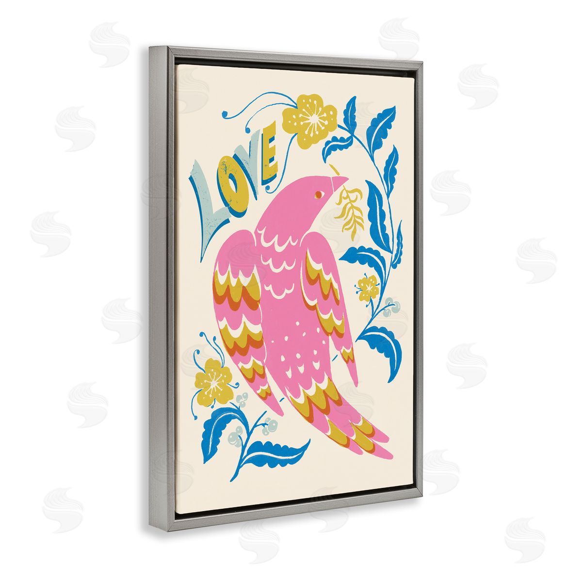 Groovy Folk Love Bird Grey Floating Frame Canvas Wall Art, Home Decor by Hannah Moren