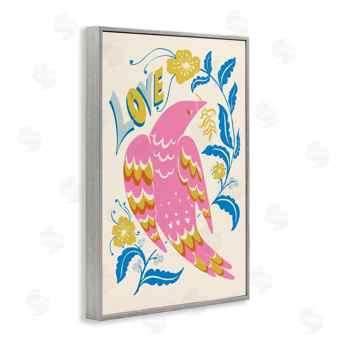 Groovy Folk Love Bird Grey Frame Print Wall Art, Home Decor by Hannah Moren