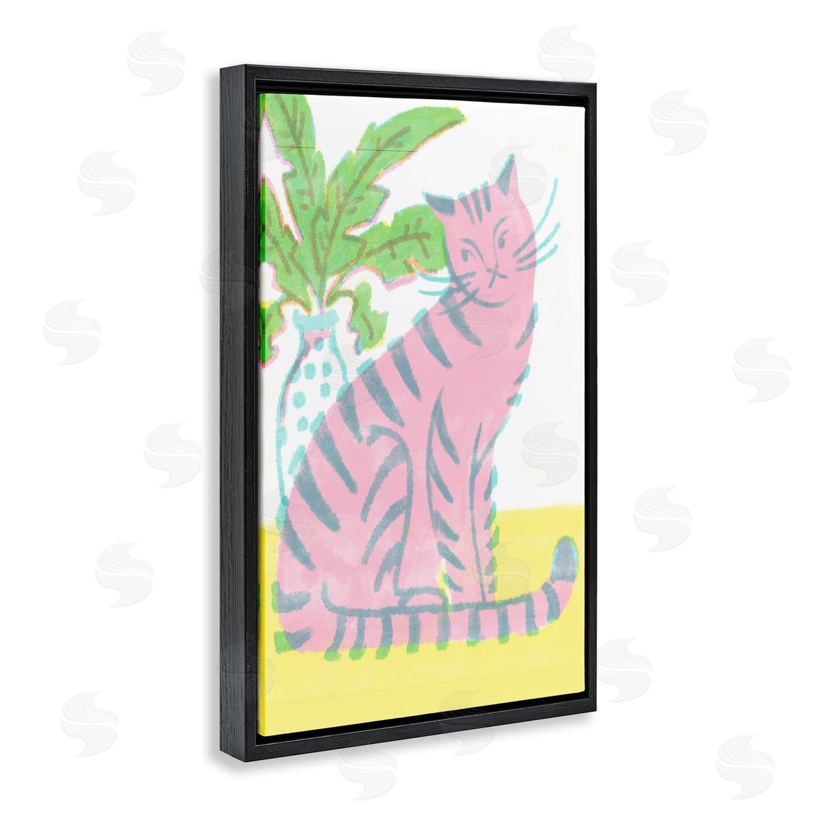 Modern Pink Cat & Plant Black Floating Frame Canvas Wall Art, Home Decor by Hannah Moren