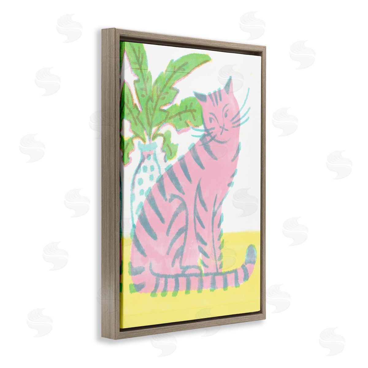 Modern Pink Cat & Plant Brown Floating Frame Canvas Wall Art, Home Decor by Hannah Moren