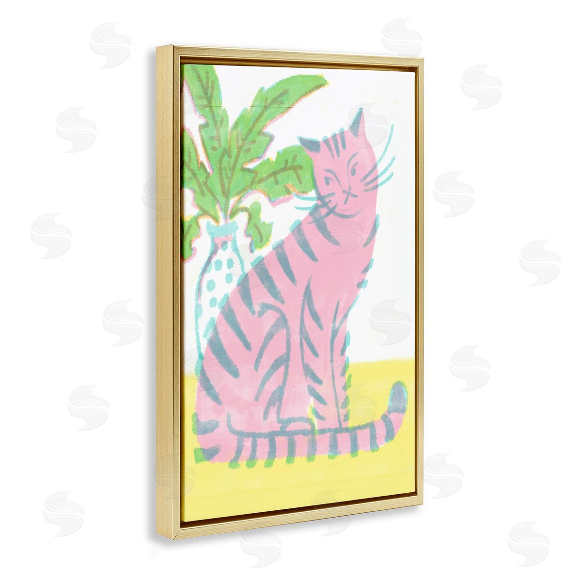 Modern Pink Cat & Plant Gold Floating Frame Canvas Wall Art, Home Decor by Hannah Moren