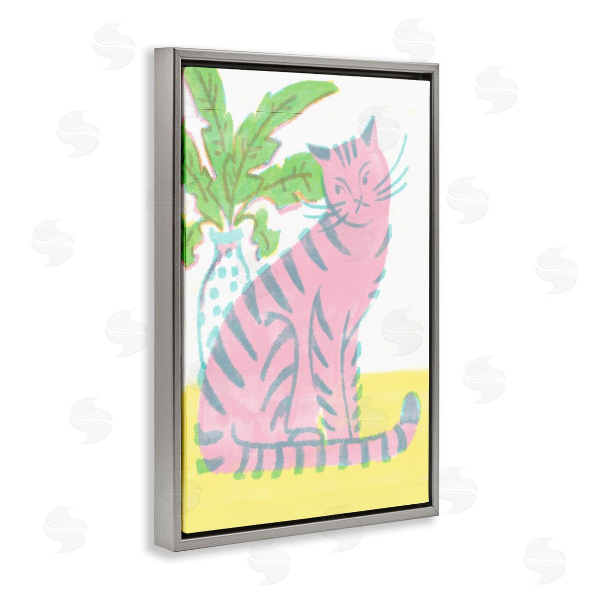 Modern Pink Cat & Plant Grey Floating Frame Canvas Wall Art, Home Decor by Hannah Moren
