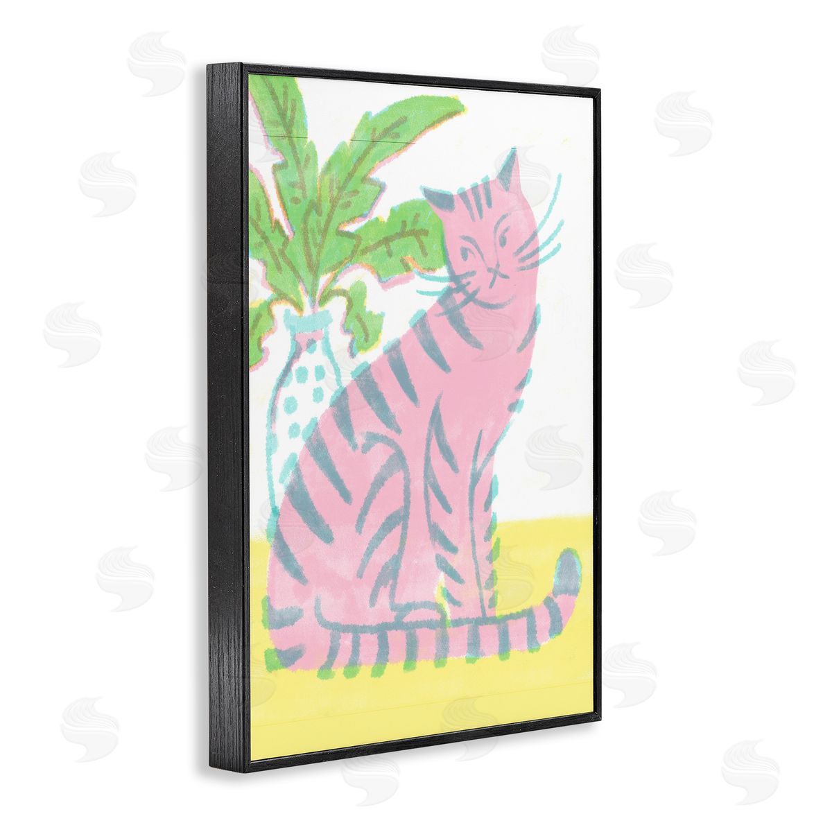 Modern Pink Cat & Plant Black Frame Print Wall Art, Home Decor by Hannah Moren