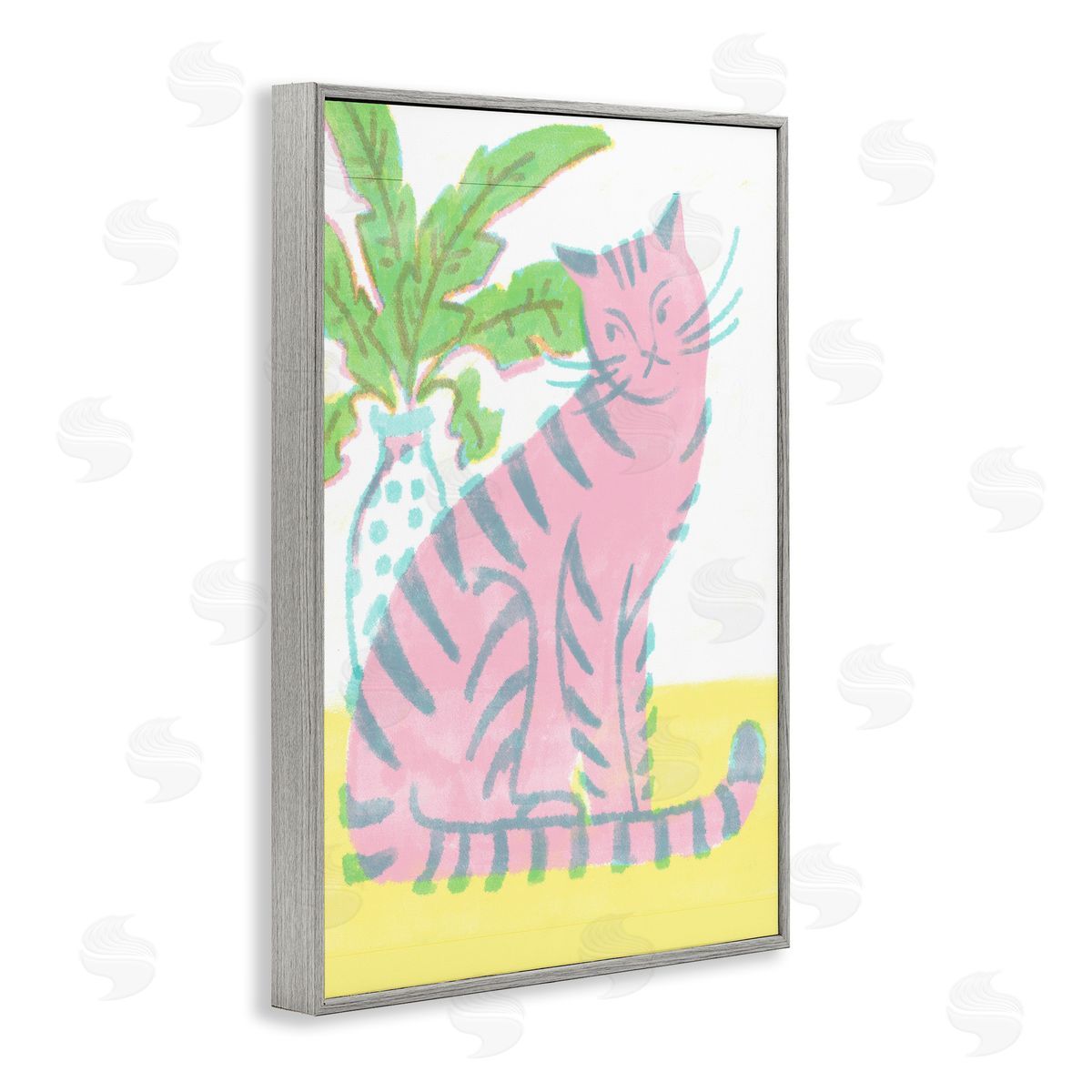 Modern Pink Cat & Plant Grey Frame Print Wall Art, Home Decor by Hannah Moren