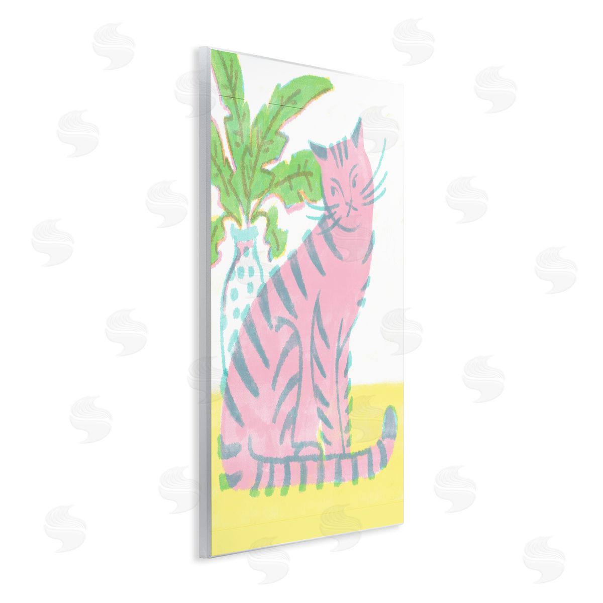 Modern Pink Cat & Plant Wood Plaque Wall Art, Home Decor by Hannah Moren