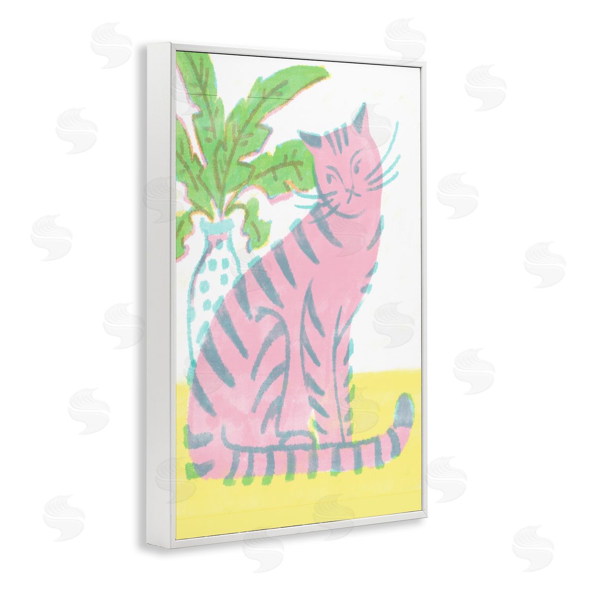 Modern Pink Cat & Plant White Frame Print Wall Art, Home Decor by Hannah Moren