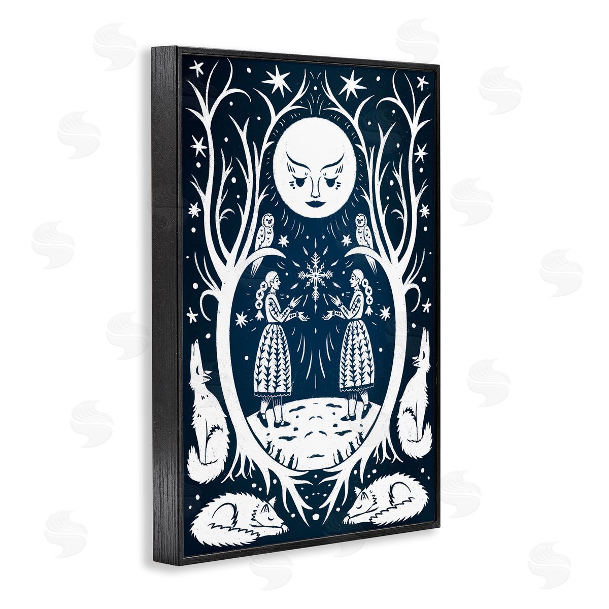 Woodland Folk Girls with Moon Black Frame Print Wall Art, Home Decor by Hannah Moren