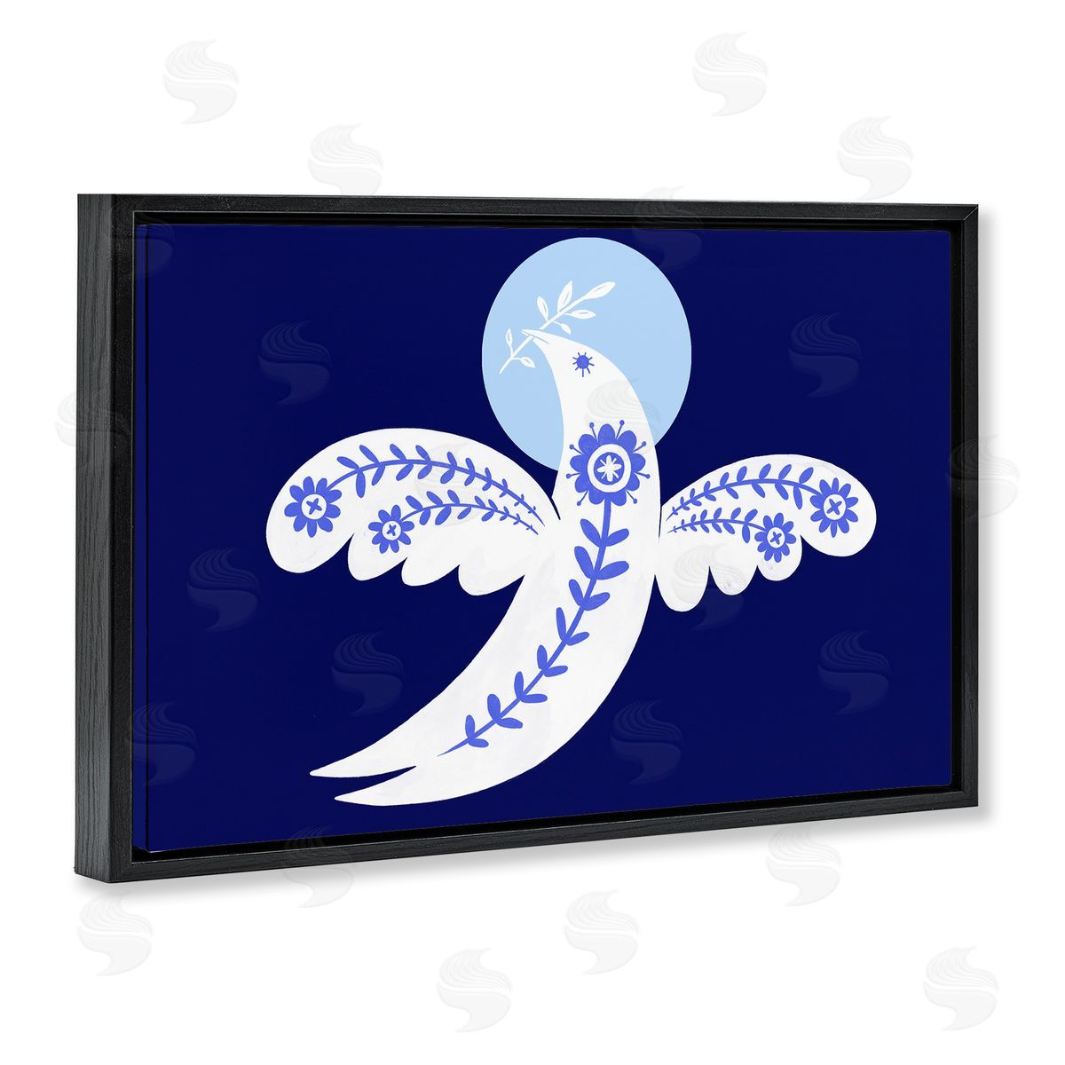 Peace Dove with Folk Florals Black Floating Frame Canvas Wall Art, Home Decor by Hannah Moren