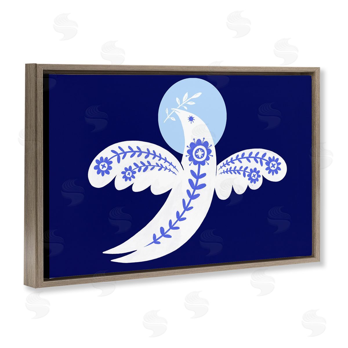 Peace Dove with Folk Florals Brown Floating Frame Canvas Wall Art, Home Decor by Hannah Moren