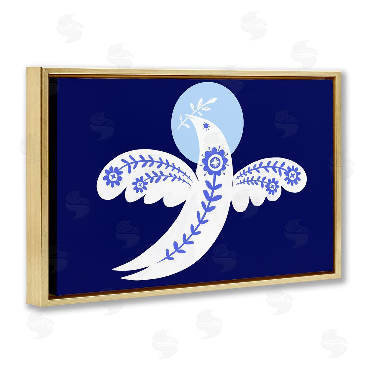 Peace Dove with Folk Florals Gold Floating Frame Canvas Wall Art, Home Decor by Hannah Moren