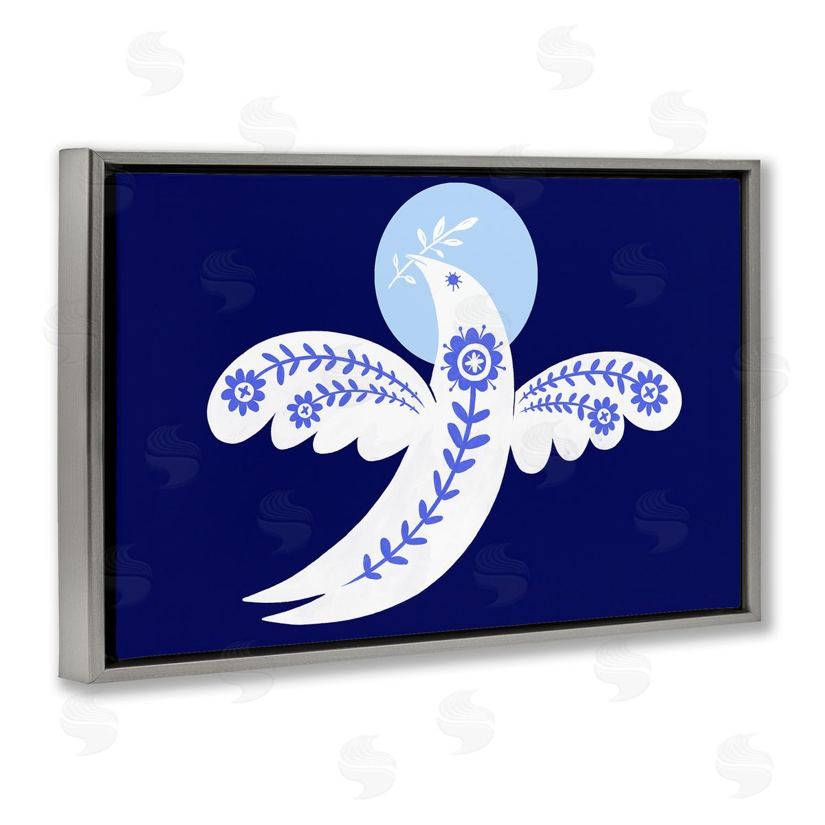 Peace Dove with Folk Florals Grey Floating Frame Canvas Wall Art, Home Decor by Hannah Moren