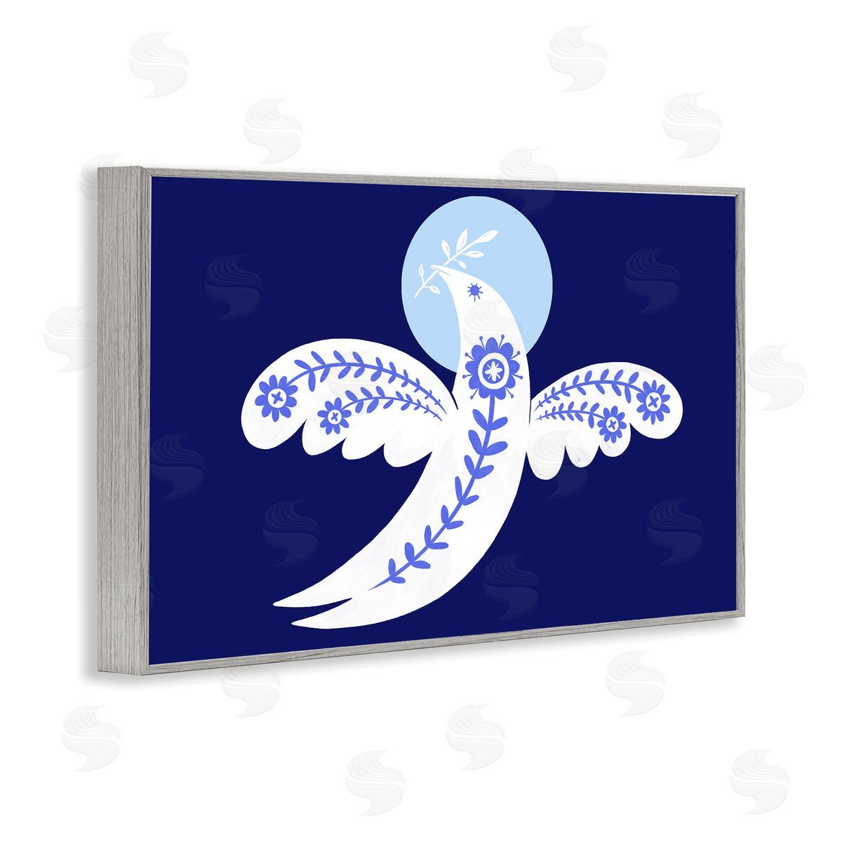 Peace Dove with Folk Florals Grey Frame Print Wall Art, Home Decor by Hannah Moren