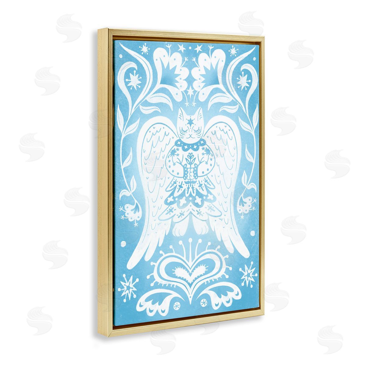 Symmetrical Patterned Angel Cat Gold Floating Frame Canvas Wall Art, Home Decor by Hannah Moren