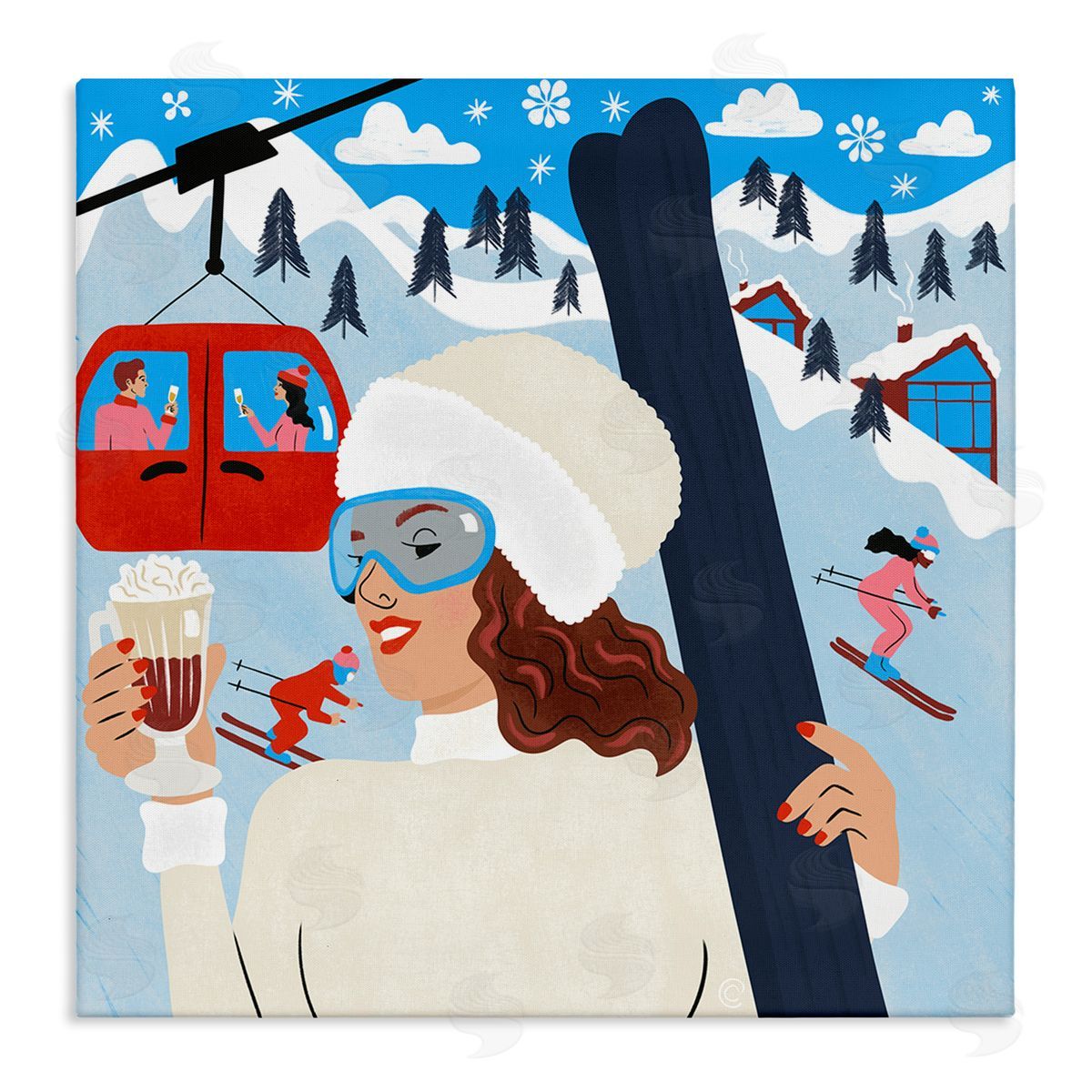 Sipping Cocoa on Ski Lift Canvas Wall Art, Home Decor by Carrie Cantwell