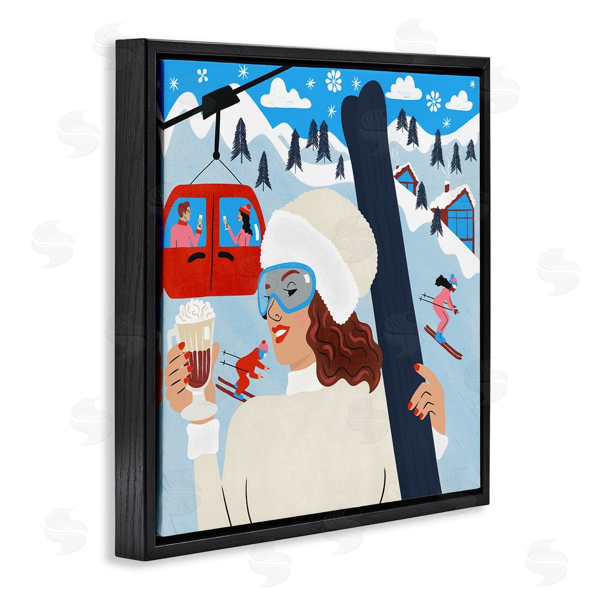 Sipping Cocoa on Ski Lift Black Floating Frame Canvas Wall Art, Home Decor by Carrie Cantwell