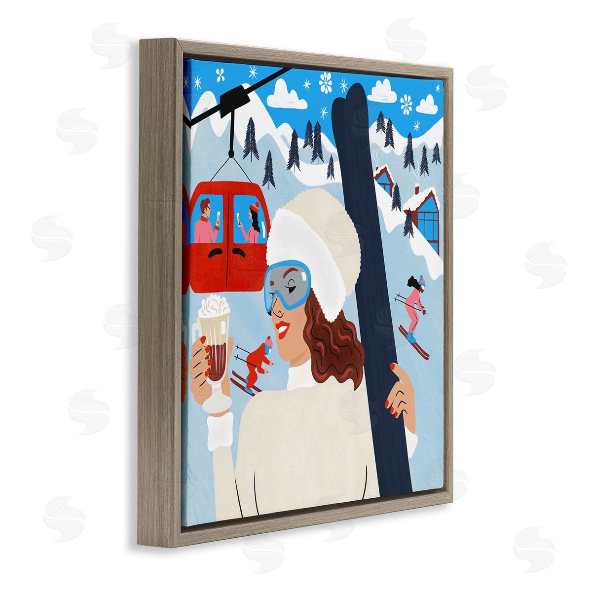 Sipping Cocoa on Ski Lift Brown Floating Frame Canvas Wall Art, Home Decor by Carrie Cantwell