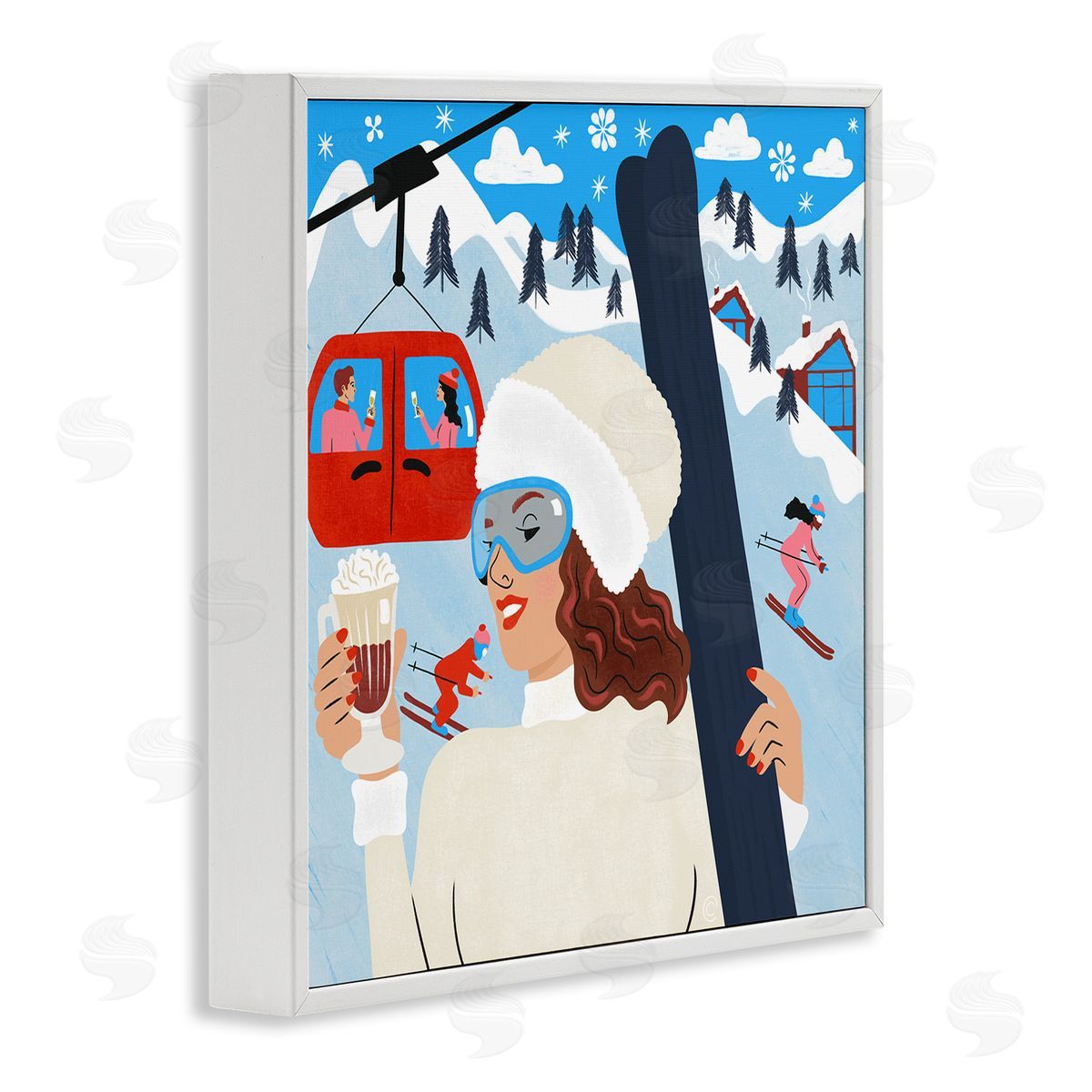 Sipping Cocoa on Ski Lift White Frame Print Wall Art, Home Decor by Carrie Cantwell