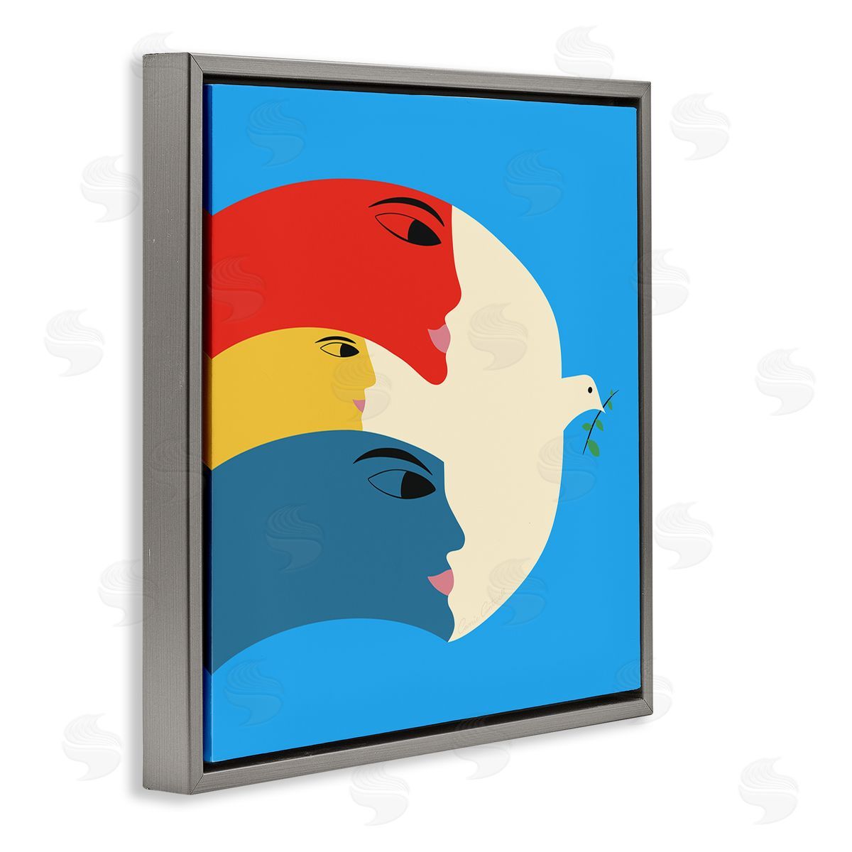 Peaceful Dove with Faces Grey Floating Frame Canvas Wall Art, Home Decor by Carrie Cantwell