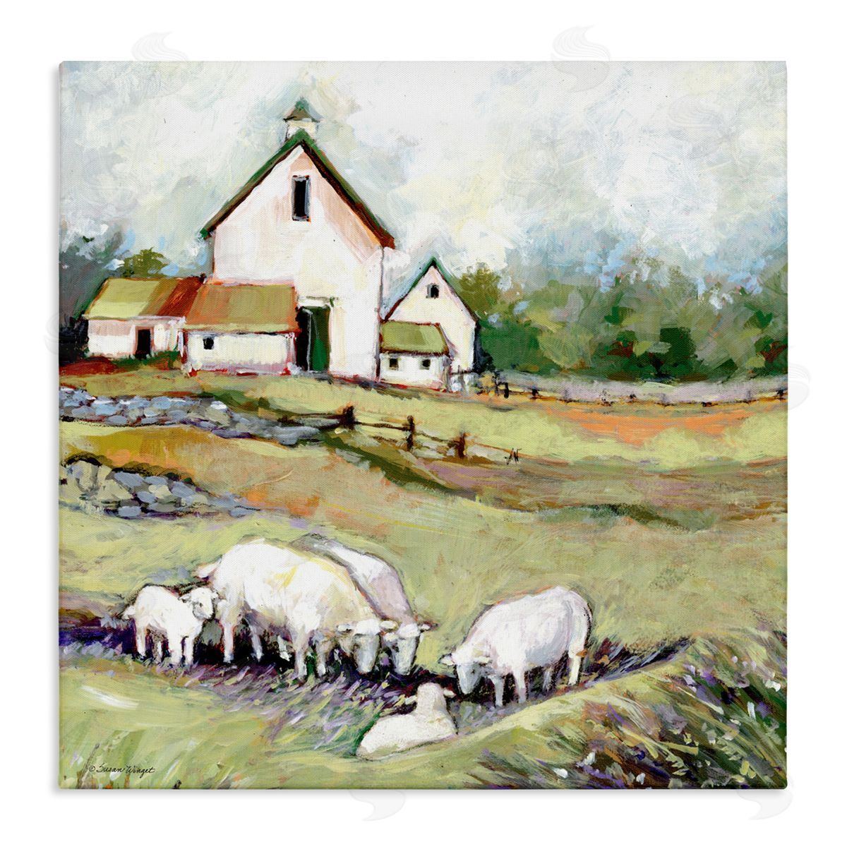 Susan Winget Sheep Grazing at Barn Canvas Wall Art Print