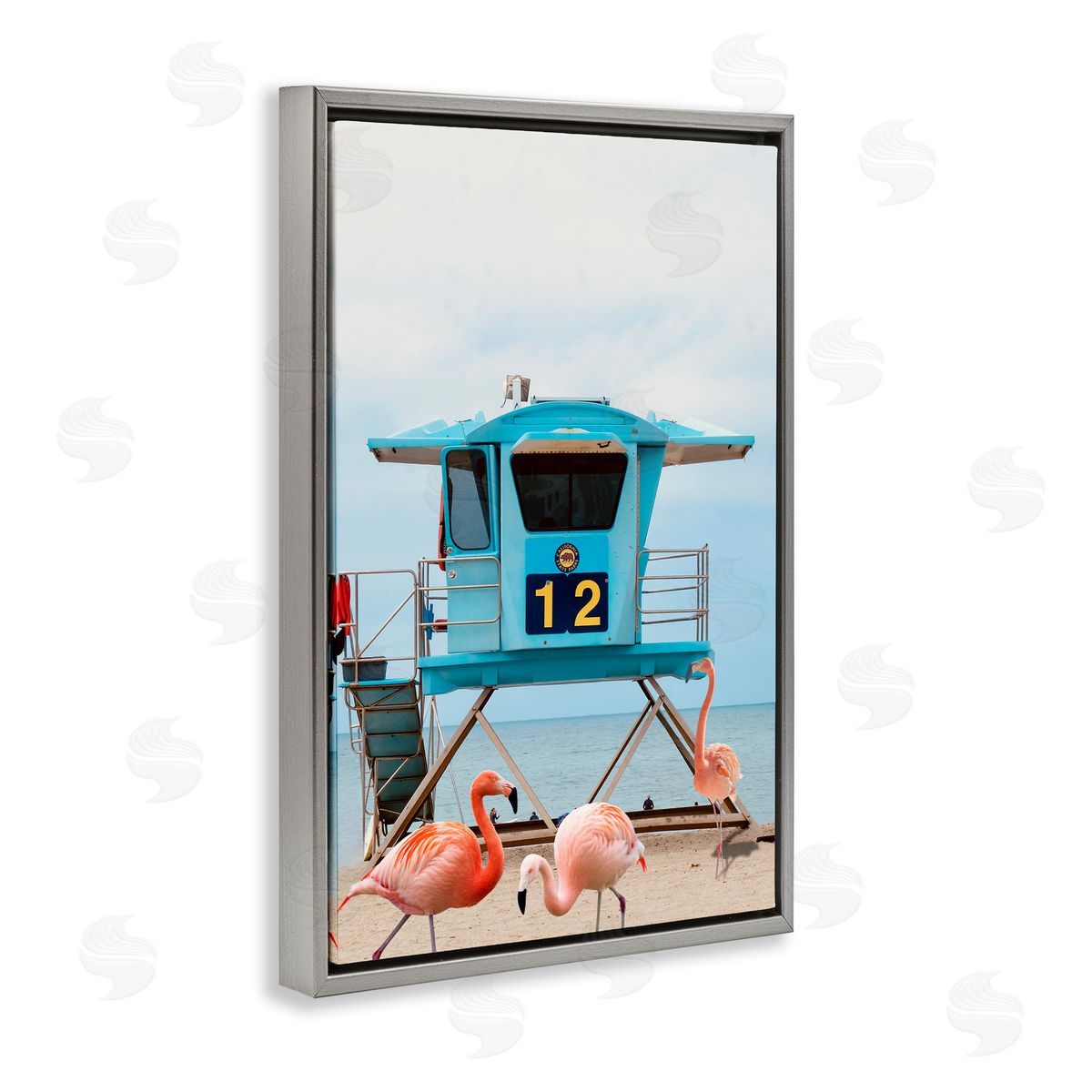 Beach Shore with Flamingoes Grey Floating Frame Canvas Wall Art, Home Decor by Ashley Singleton