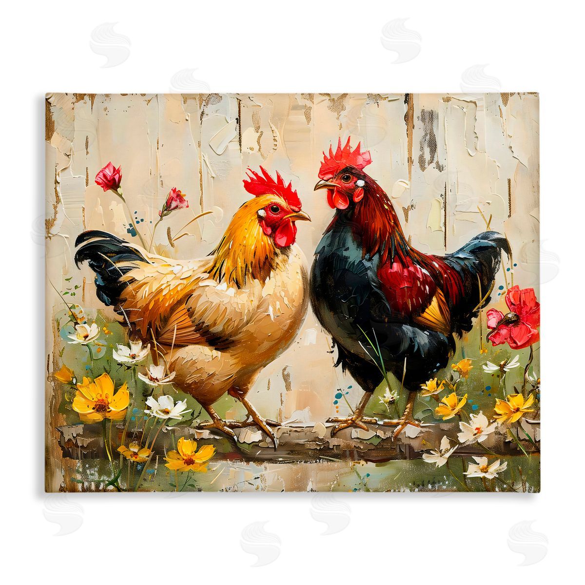 LSR Creative Studio Country Chic Floral Roosters Canvas Wall Art Print