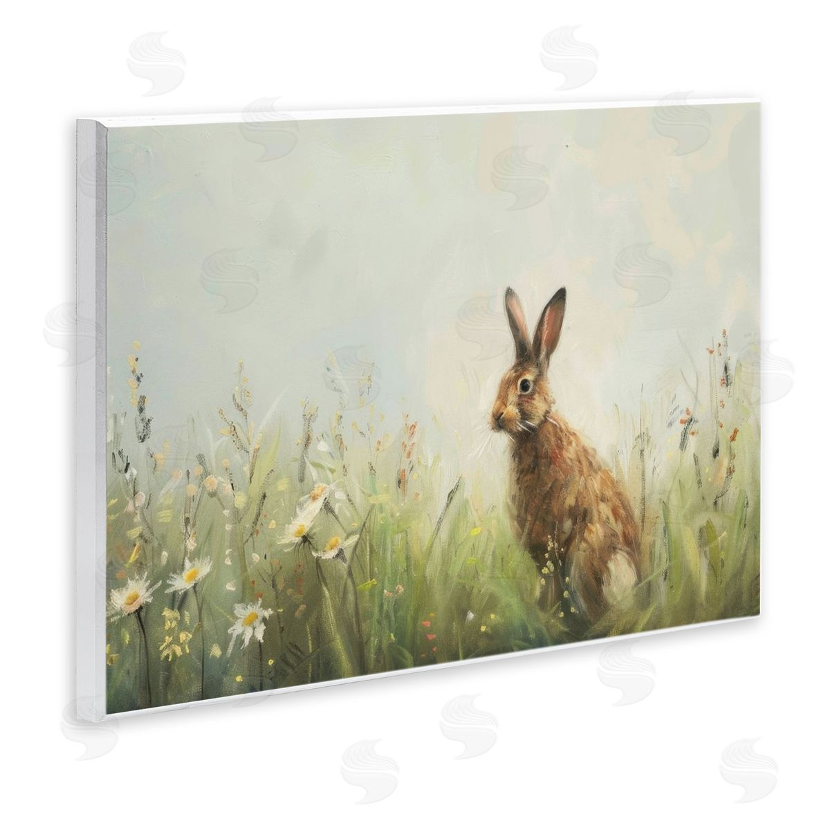 LSR Design Studio Brown Rabbit with Daisies Canvas Wall Art Print
