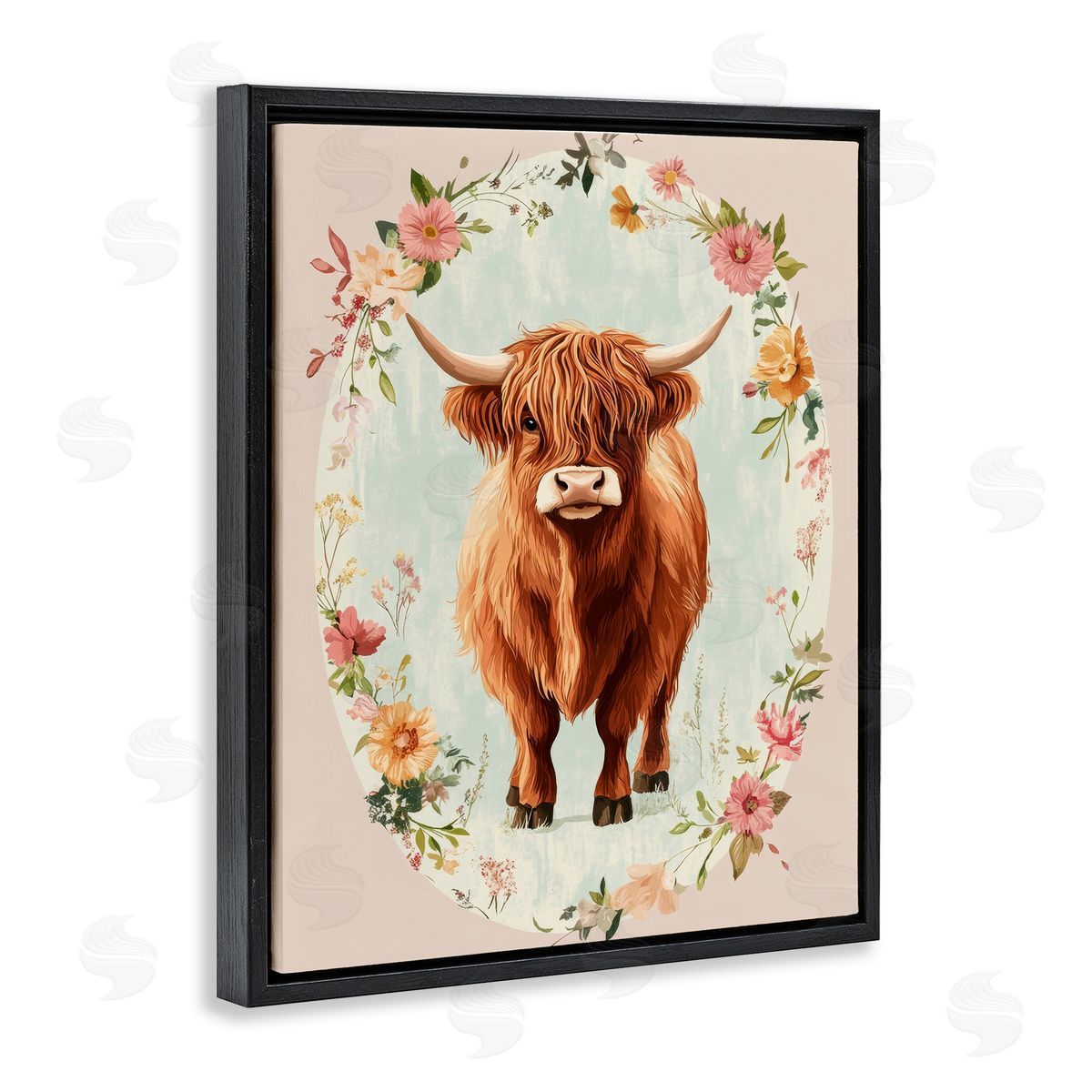 Petal Prints Design Peach Flower Border Cow Canvas Wall Art Print