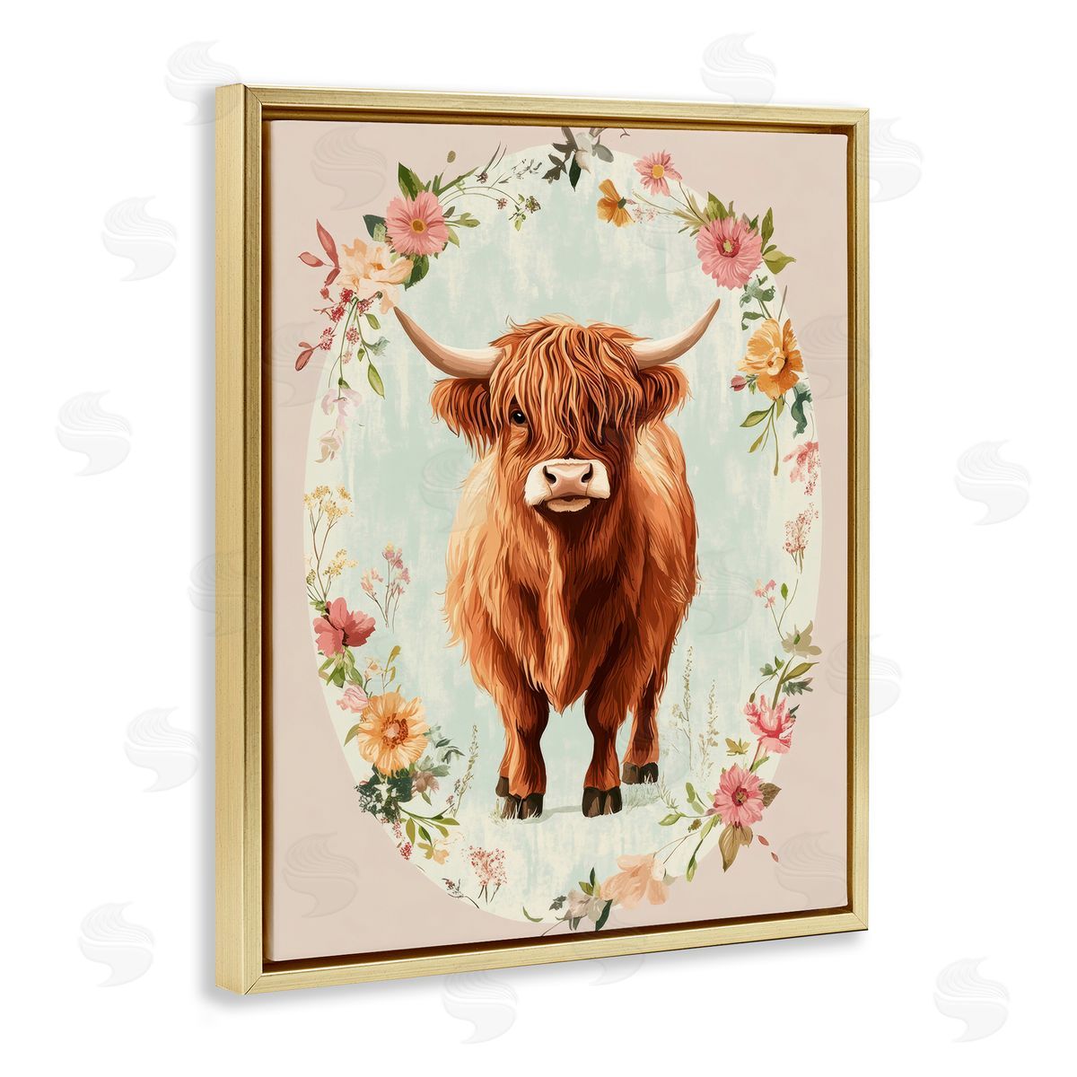 Petal Prints Design Peach Flower Border Cow Canvas Wall Art Print