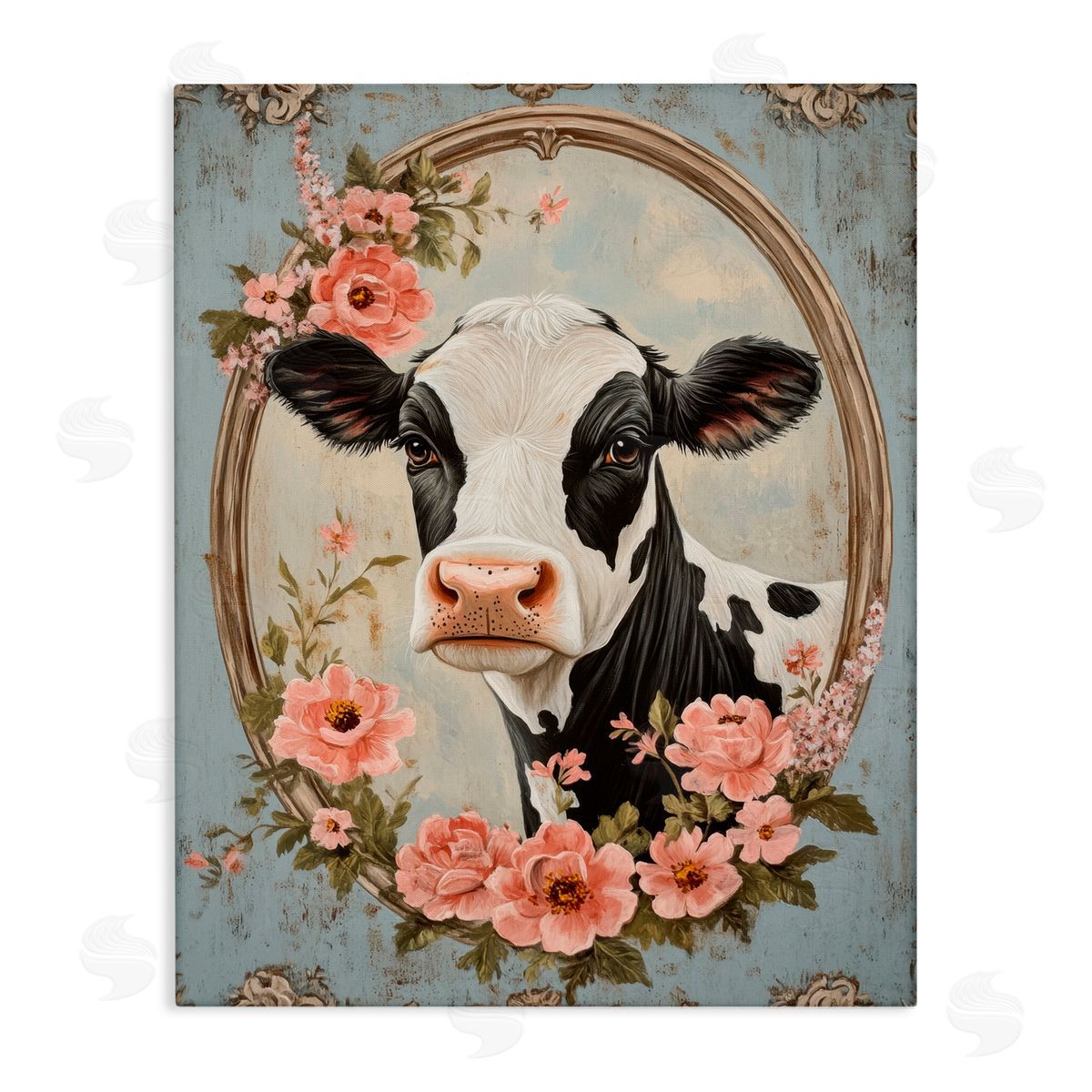 Petal Prints Design Peachy Peonies Cow Portrait Canvas Wall Art Print