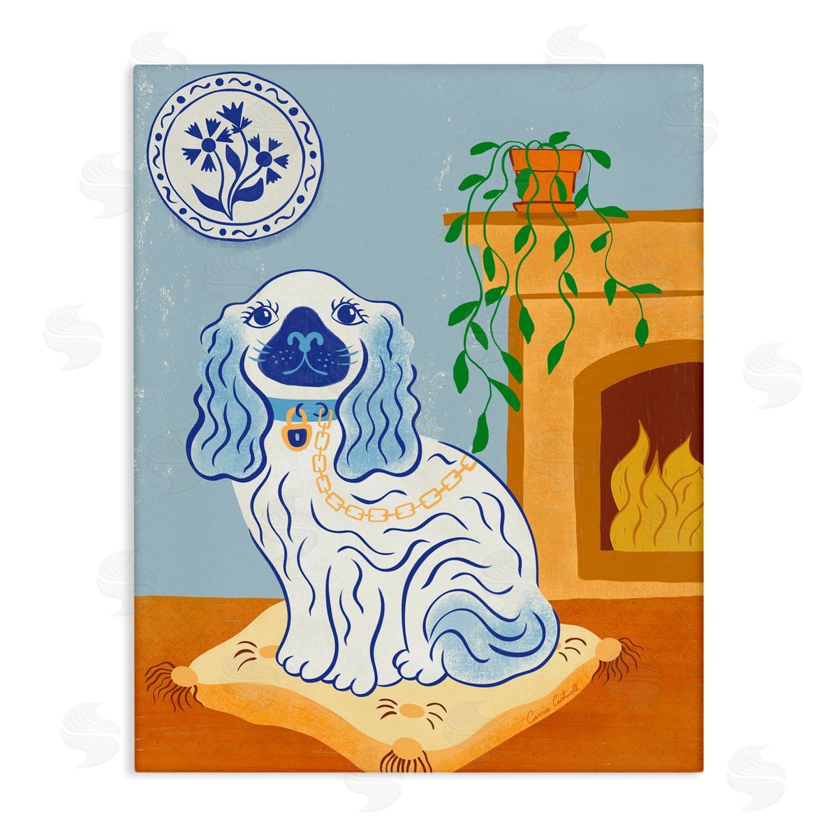 Carrie Cantwell Blue Staffordshire Dog & Fireplace Canvas Wall Art Print