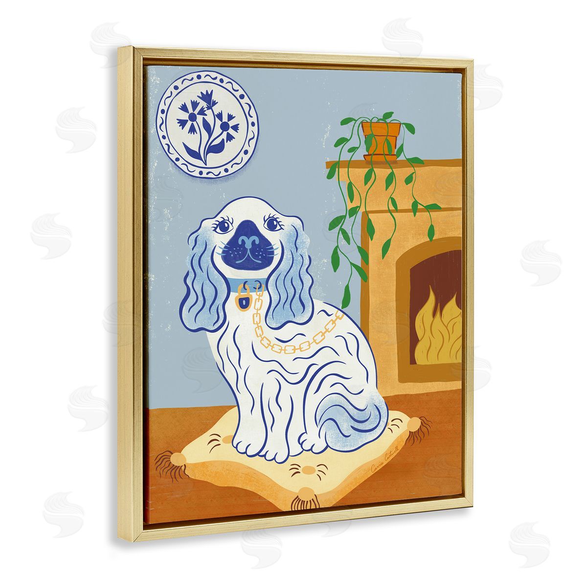Carrie Cantwell Blue Staffordshire Dog & Fireplace Canvas Wall Art Print