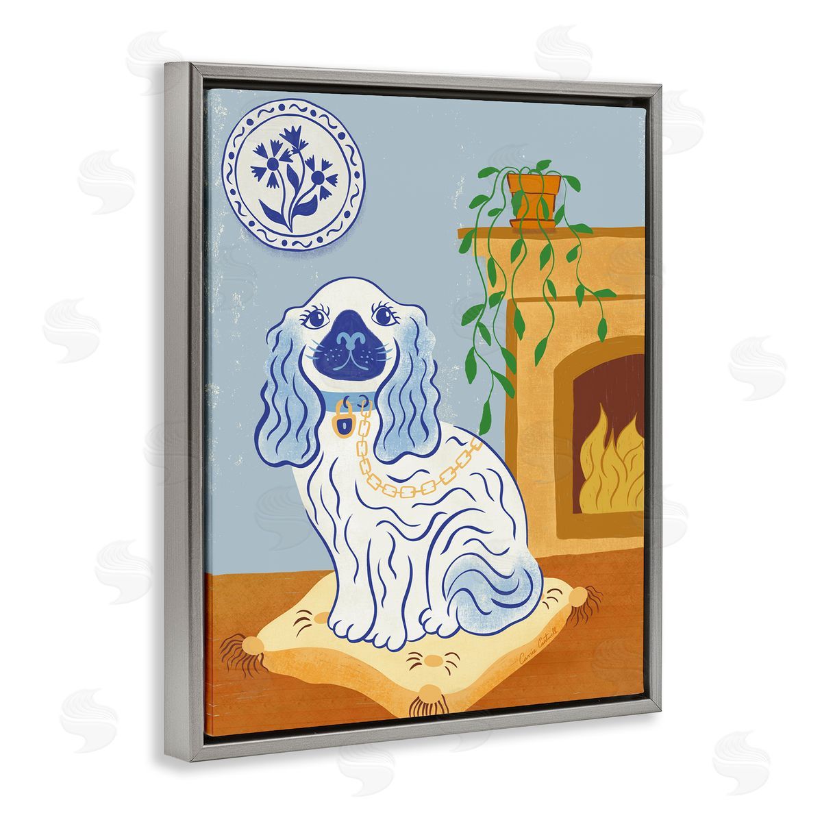 Carrie Cantwell Blue Staffordshire Dog & Fireplace Canvas Wall Art Print
