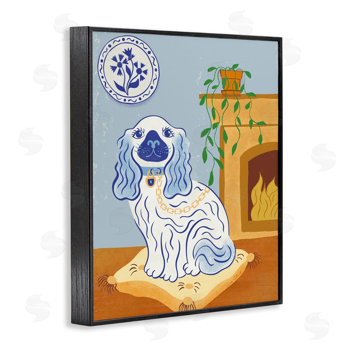 Carrie Cantwell Blue Staffordshire Dog & Fireplace Canvas Wall Art Print