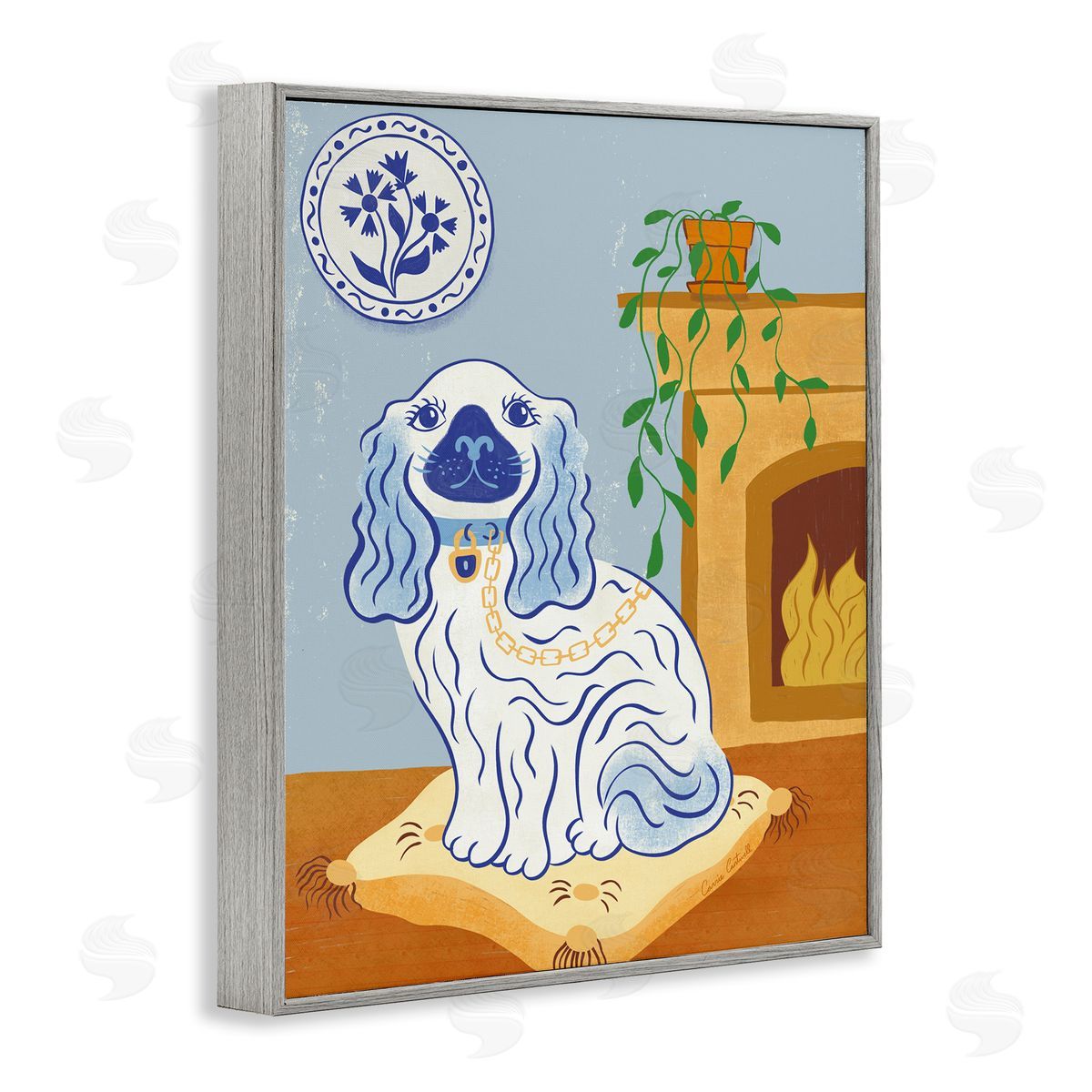 Carrie Cantwell Blue Staffordshire Dog & Fireplace Canvas Wall Art Print