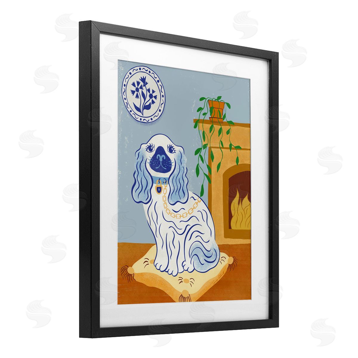 Carrie Cantwell Blue Staffordshire Dog & Fireplace Canvas Wall Art Print