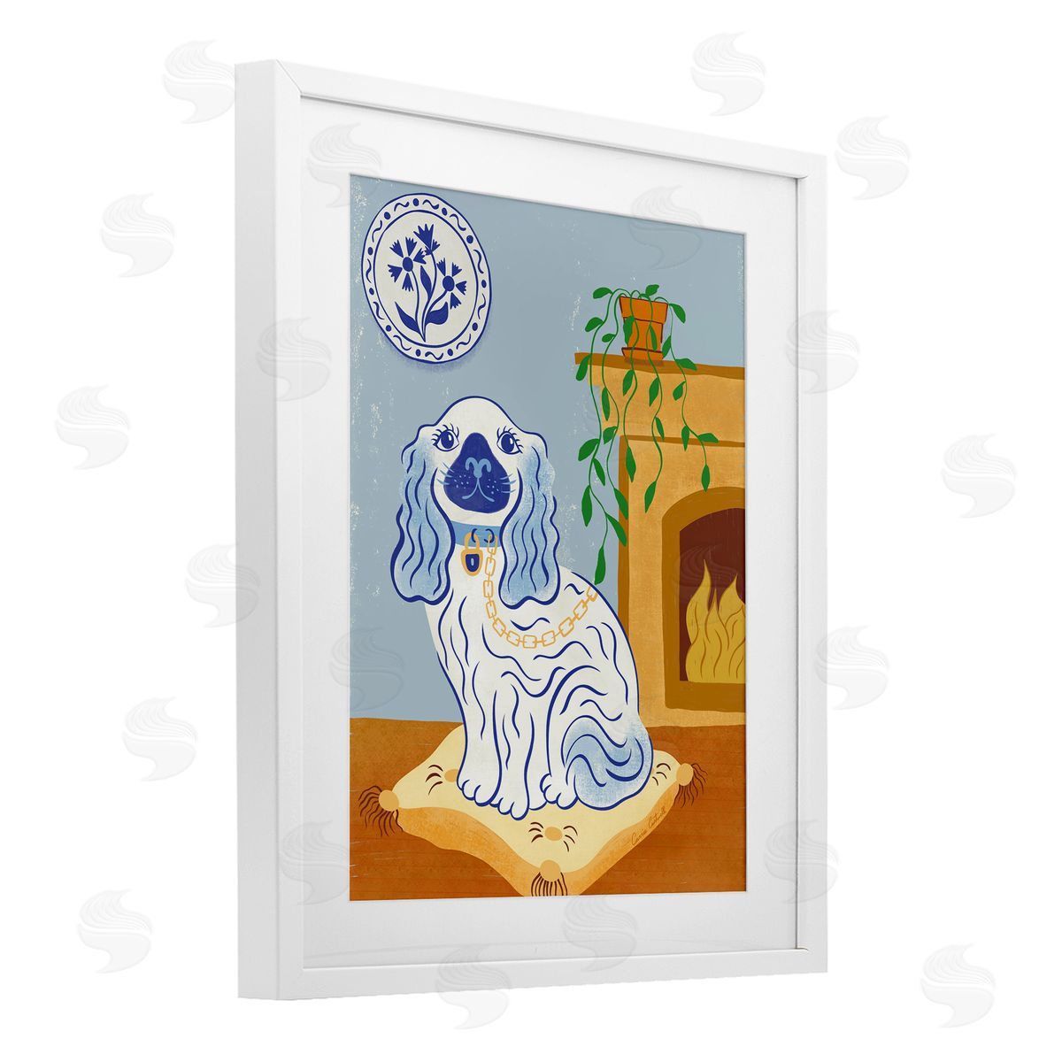 Carrie Cantwell Blue Staffordshire Dog & Fireplace Canvas Wall Art Print