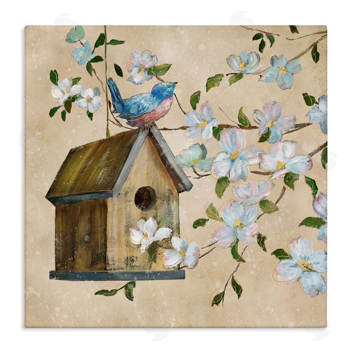 Nan Evening Song Birdhouse over Beige Canvas Wall Art Print
