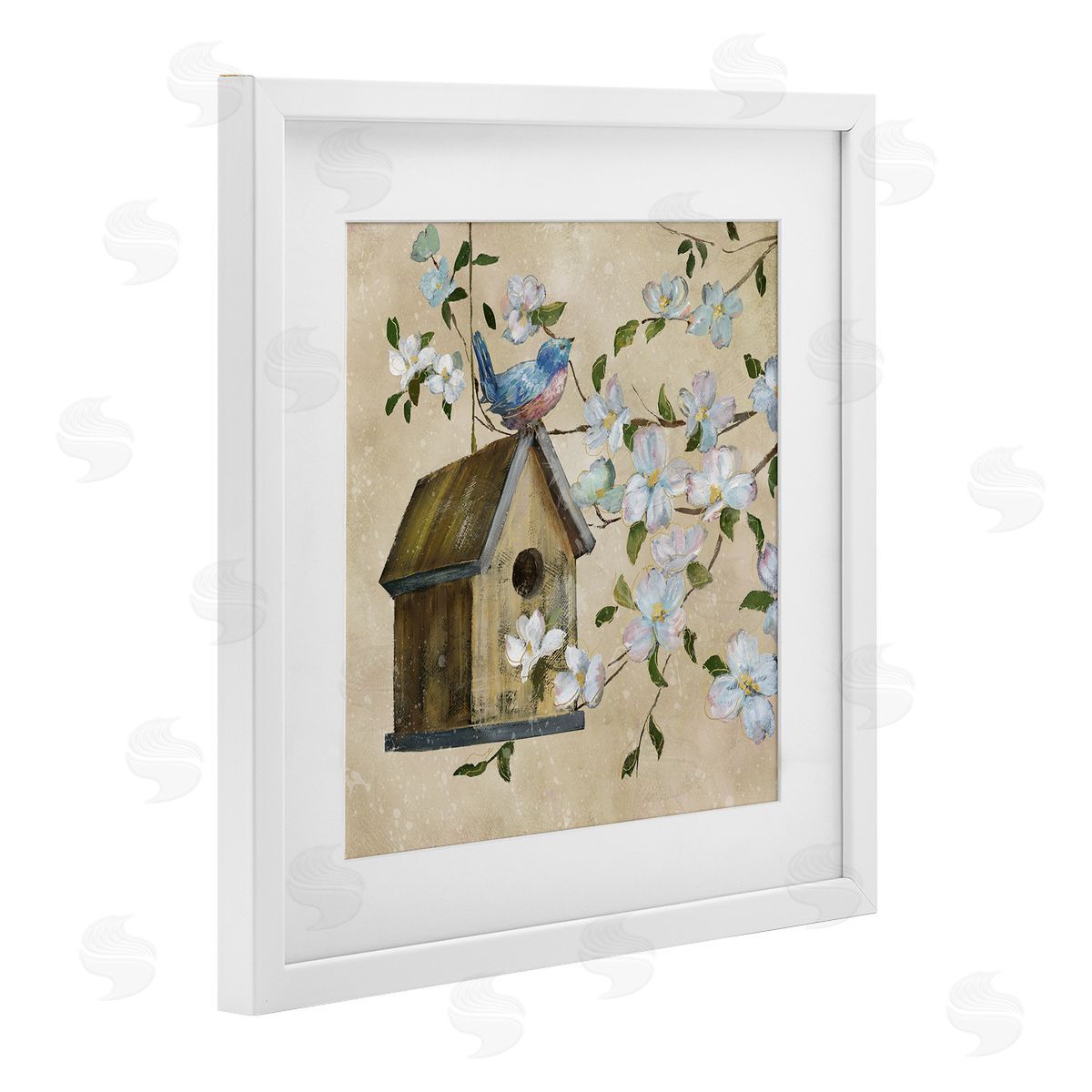 Nan Evening Song Birdhouse over Beige Canvas Wall Art Print