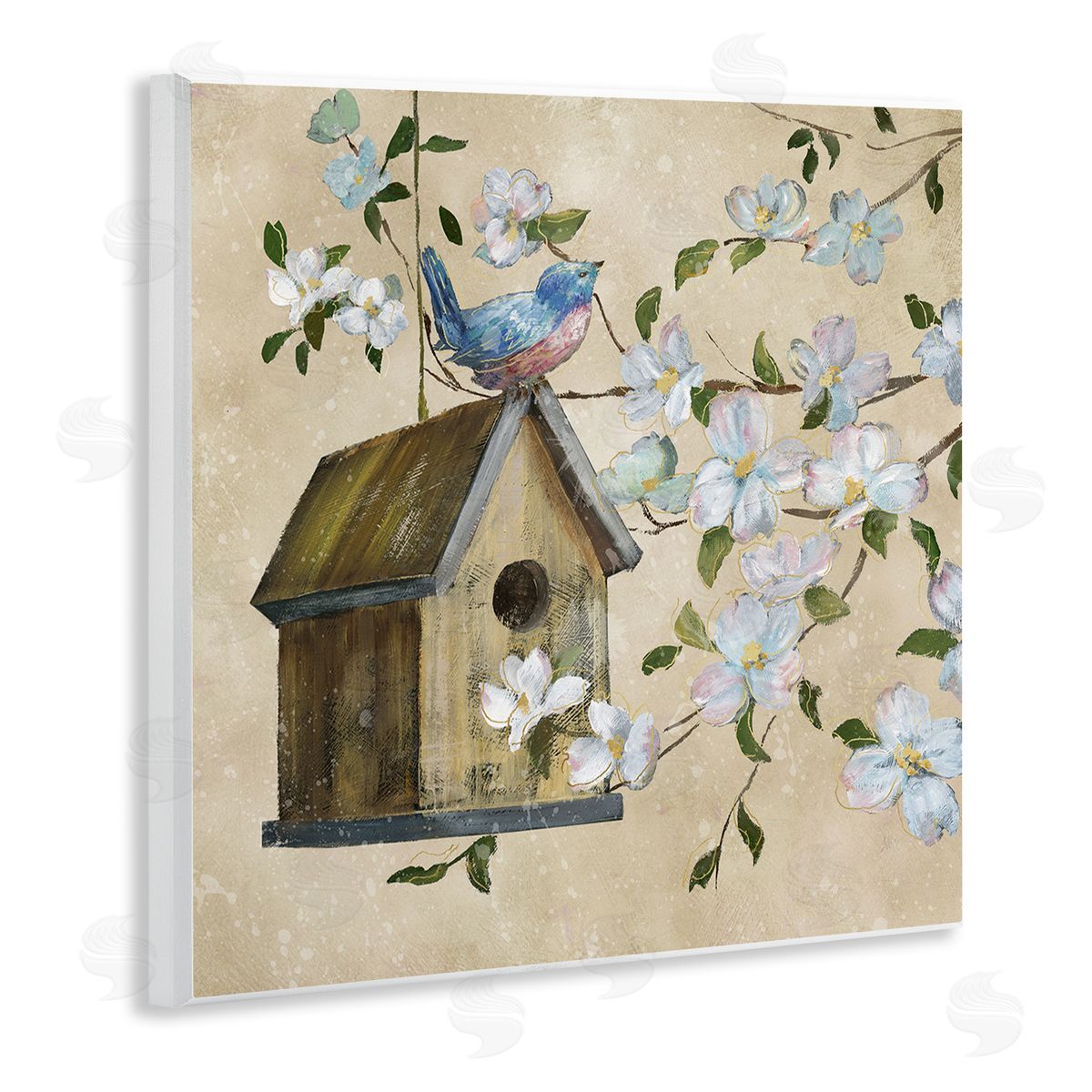 Nan Evening Song Birdhouse over Beige Canvas Wall Art Print