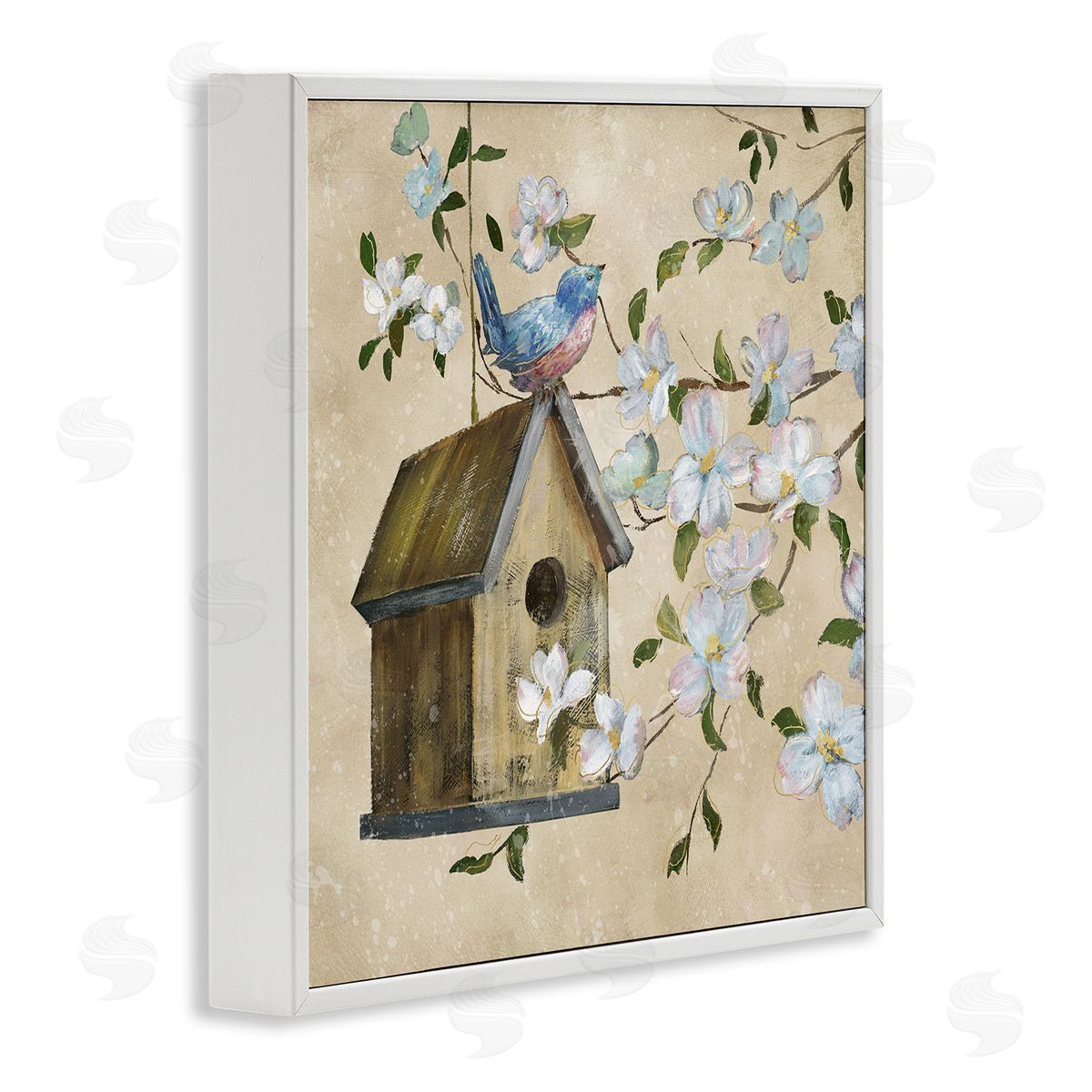 Nan Evening Song Birdhouse over Beige Canvas Wall Art Print
