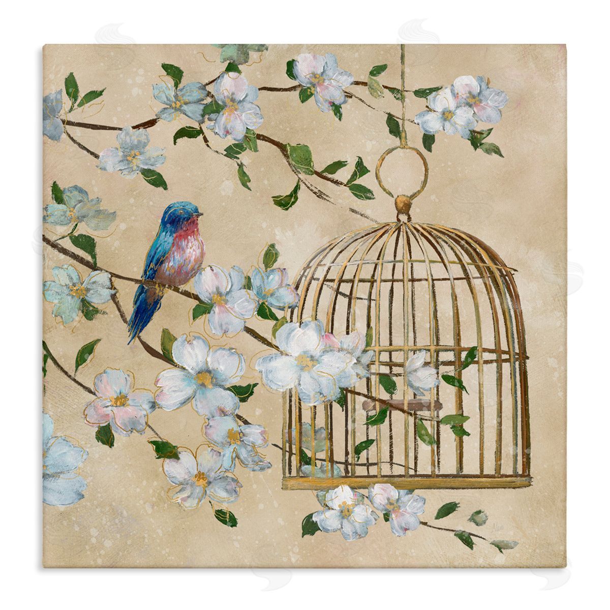 Nan Evening Song Birdcage Over Beige Canvas Wall Art Print