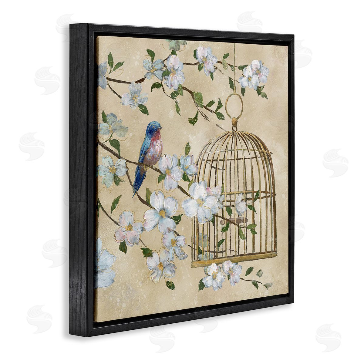 Nan Evening Song Birdcage Over Beige Canvas Wall Art Print